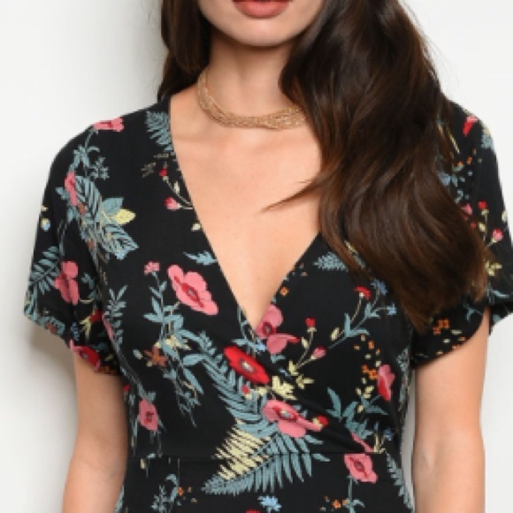 Black floral & fern mini wrap-style dress, New! - Picture 3 of 5
